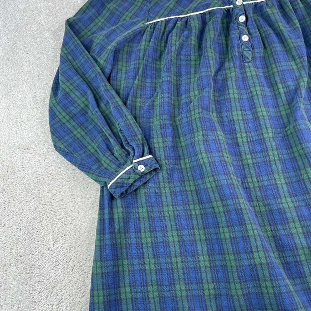 Vintage LL Bean Nightgown Womens Medium Green Blue Tartan Plaid Flannel Pajamas